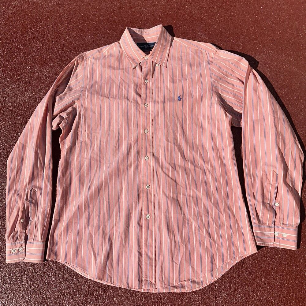 Ralph Lauren Custom Fit Button Down Shirt in Pink with Blue and White Stripes